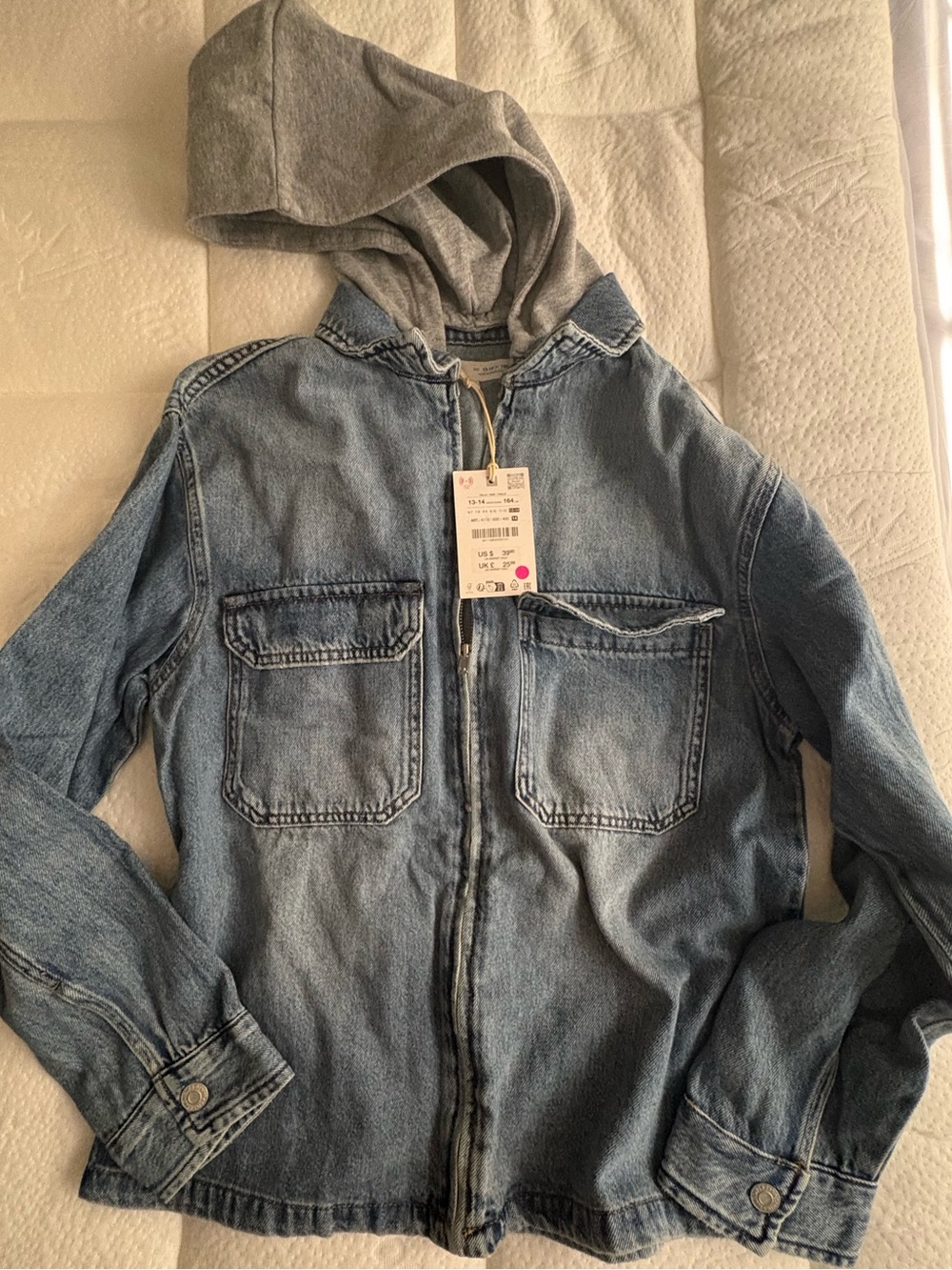 Zara Light Blue Denim Jacket with Gray Hood